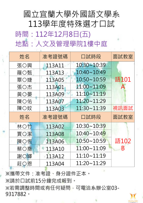 113學年度外國語文學系學士班特殊選才口試時程圖片